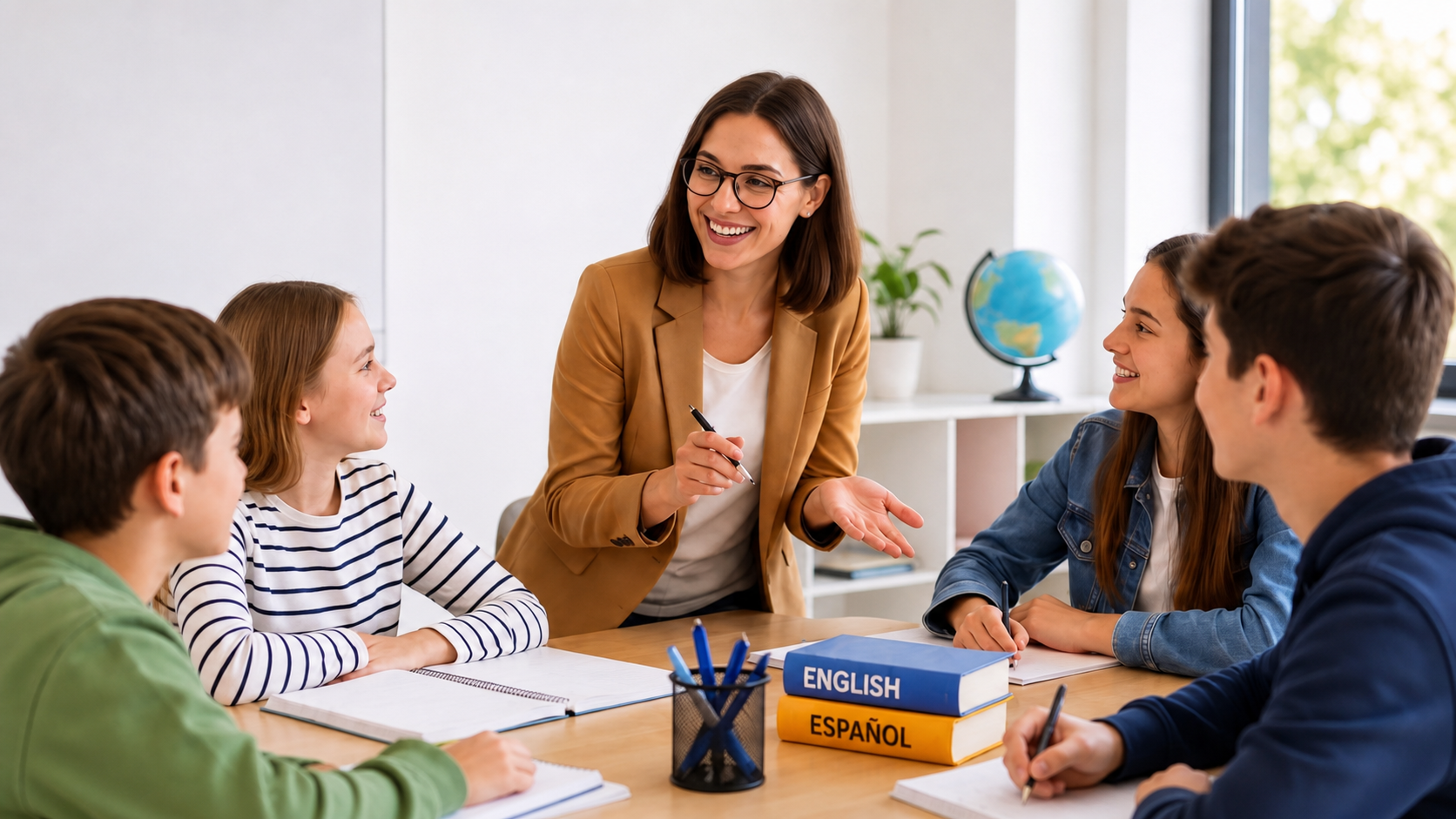 Lektorka jazyků při výuce se skupinou studentů